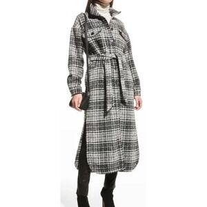 LBLC The Label Womens Hayley Long Belted Black White Plaid Coat Pockets Sz L NWT